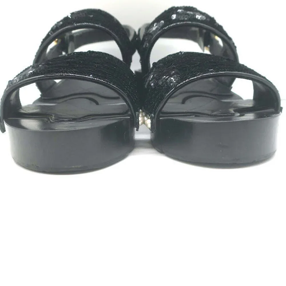 Chanel 16C Sequin Slingback Sandals Black Size 38.5
